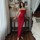 French High Grade Red Lace Tube Tops Strap Dress Slim Fit Sheath Dress